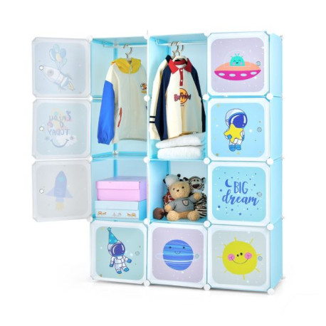 Portable Children Wardrobe with 12 Cubes and 2 Clothes Hanging Section