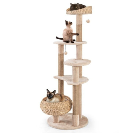 164 cm Cat Tree with Jute Scratching Posts and Dangling Balls