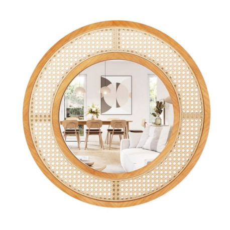 Rattan Round Wall Mirror with Aluminum Glass and Metal Hook