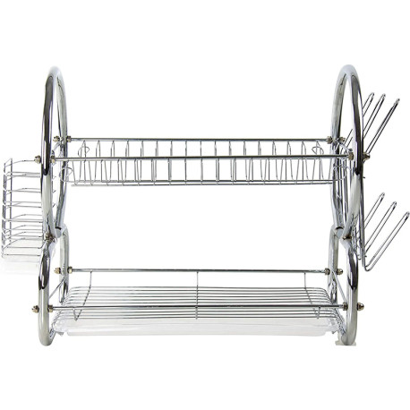 2 Tier Dish Drainer Rack for Kitchen Countertop or Sink Plate Cutlery Holder and Drip Tray, Silver