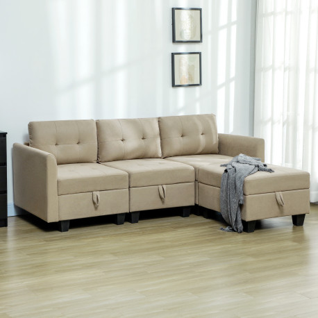 'L' Shape Modular Sofa, with Storage - Light Brown