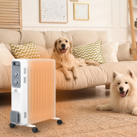 2500W Oil Filled Radiator, 11 Fin, Portable Electric Heater with 3 Heat Settings, Safety Cut-Off and Wheels, White