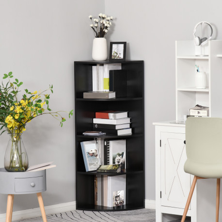 4-Tier Corner Open Shelf Bookcase Freestanding Fan Bookshelf Plants Stand, 40x40x120cm, Black