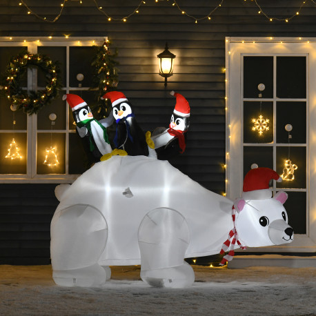 5ft Outdoor Christmas Inflatable with LED Light, Lighted Blow up Polar Bear with Three Penguins, Giant Yard Party Decoration for