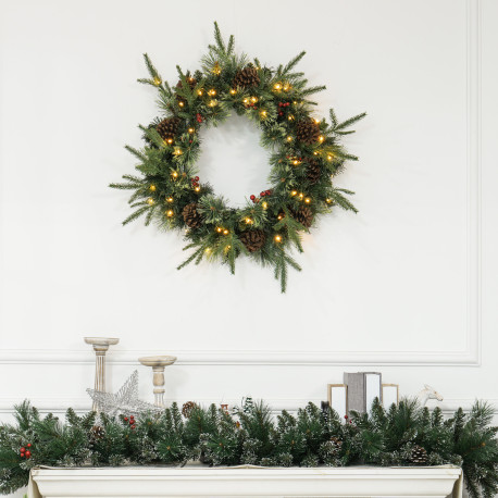 60" Cone and Berry Christmas Wreath, with LED Lights