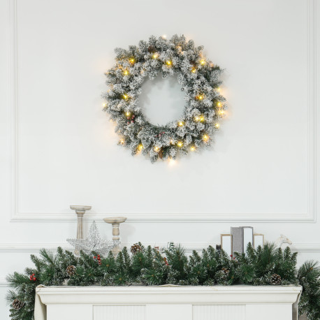 60" Snowy Pine Cone and Berry Christmas Wreath, with LED Lights