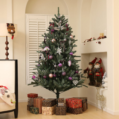 6ft Artificial Prelit Christmas Tree with Warm White LED Lights and 796 Tips, Metal Stand, Xmas Tree with Purple Ornaments for H