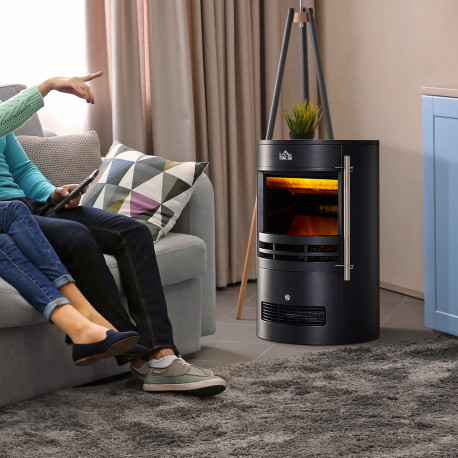 900W/1800W Freestanding Electric Fireplace, Indoor Heater Fire Stove with Log Burner Effect Flame, Thermostat Control