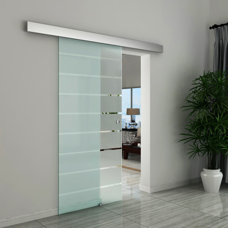 90cm Sliding Glass Door Set Include Hardware Track Kit, Frosted Tempered Glass with Stripe Pattern, Round Handle