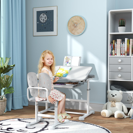 AIYAPLAY Height Adjustable Kids Desk and Chair Set, School Study Writing, Reading Table Chair Set w/ Tilted Desktop, Grey