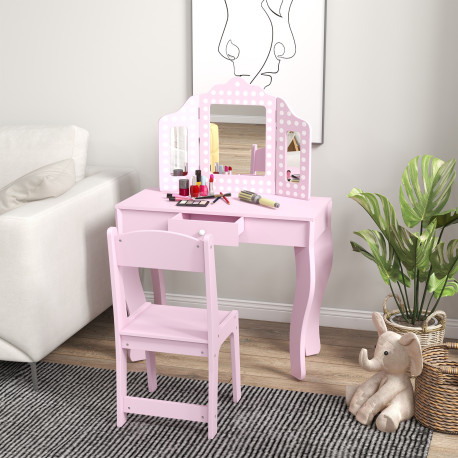 AIYAPLAY Kids Dressing Table Sets with Stool and Tri-Fold Mirror, Drawer for Playroom, Bedroom - Pink