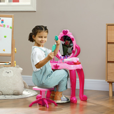 AIYAPLAY Kids Dressing Table with mirror, Stool, Light, Music, 15 Accessories, for Ages 3-6 Years, Pink