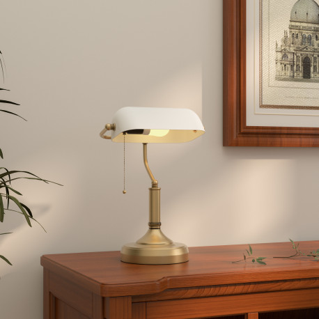 Banker's Desk Lamp with Antique Bronze Tone Base, Table Lamp with White Glass Shade for Home Office, White