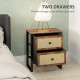 Bedside Table, Side Table with 2 Rattan Drawers, Bedside Cabinet with Storage and Steel Legs for Bedroom, Living Room, Rustic Br