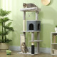 PawHut 132cm Cat Tree w/ Scratching Posts, Pad, Cat Bed, Cat House, Jumping Platform, Grooming Brush, Anti-Tip Kit, Light Grey