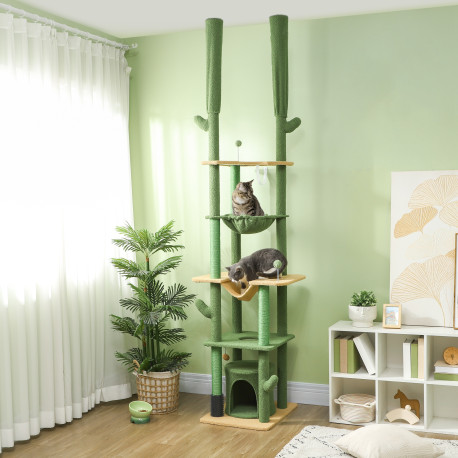 PawHut 225-255cm Height Adjustable Floor to Ceiling Cat Tree, Tall Cat Tower for Indoor Cats w/ Scratching Posts - Green