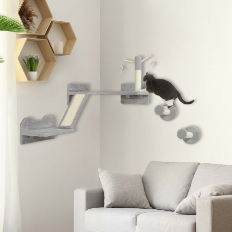 PawHut 3-Piece Cat Wall Furniture with Scratching Posts, Scratching Pads, Perches, Cat Wands, Toy Balls, Light Grey