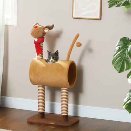 PawHut 98cm Deer Themed Cat Tree with Scratching Posts, Toy Ball, Tunnel, Brown