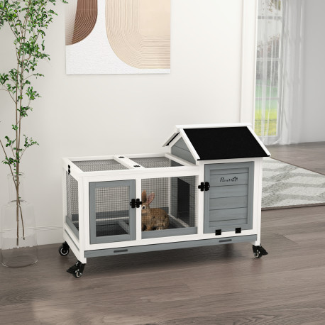 PawHut Wooden Rabbit Hutch, Guinea Pig Cage, with Removable Tray, Wheels - Grey