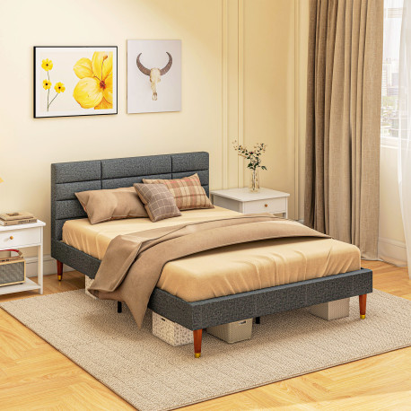 Upholstered Double Bed Frame, with Slats - Grey