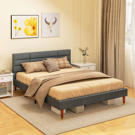 Upholstered King Bed Frame, with Slats - Grey