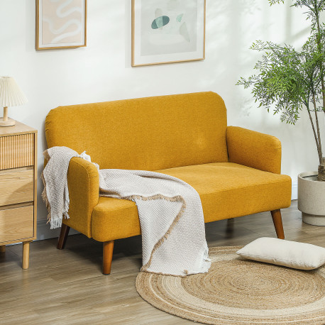 Velvet Feel Fabric 2 Seater Sofa, Small Sofa Loveseat with 21cm Thick Padding and Wood Legs, Yellow