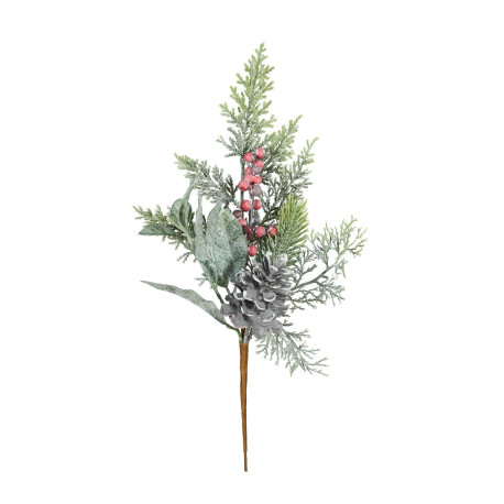 Frosted Foliage & Red Berries Pick (H38cm)