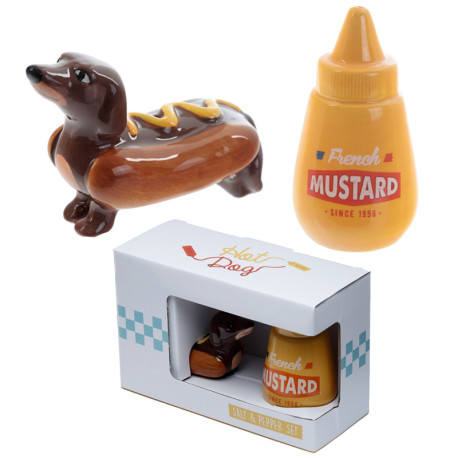 Cute Ceramic Sausage Dog and Mustard Salt and Pepper Set