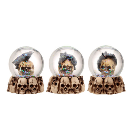 Gothic Skull Snow Globe - Black Cat, Crow and Bat Skull