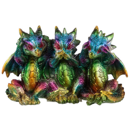 Hear No See No Speak No Metallic Rainbow Dragon Figurine