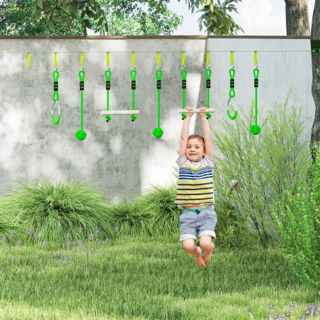 AIYAPLAY 3 Piece Kids Zip Line Kit for Garden, 10m Kids Slackline Kit with Wooden Monkey Bars, Metal Rings, Gripping Balls, Gree