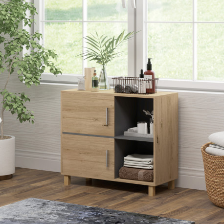 Bathroom Cabinet, Freestanding Bathroom Cabinet with Open Compartments and Double Doors