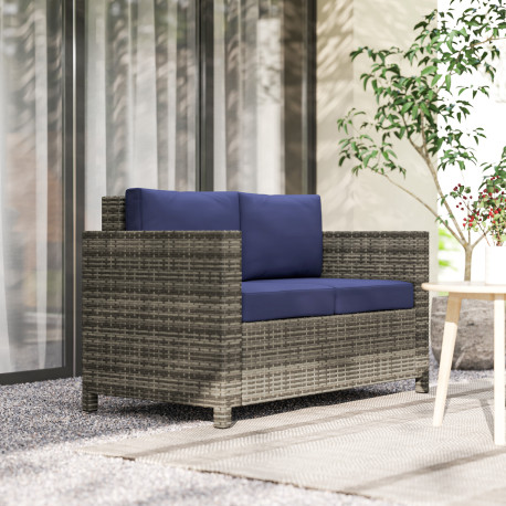 Outsunny 2 Seater Garden Furniture, Rattan Sofa with Soft Padded Cushion and Armrests, Wicker Garden Loveseat for Patio, Navy Bl