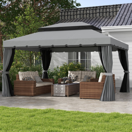 Outsunny 3 x 4m Aluminium Garden Gazebo, Marquee Canopy Shelter Pavilion Party Tent with Nets and Curtains for Garden and Deck, 