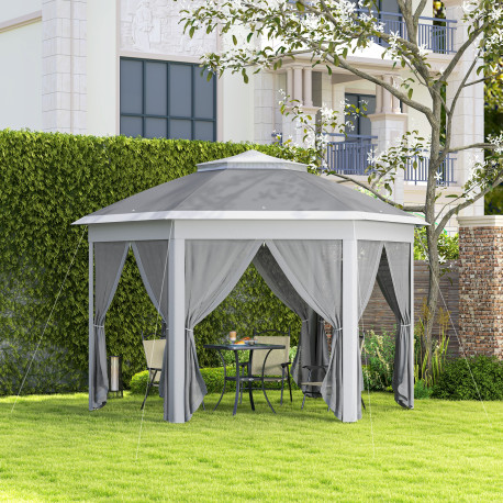 Outsunny 3 x 4m Garden Gazebo Hexagon Pop Up Party Tent Canopy Double Roof Instant Shelter with Netting and Carry Bag for Outdoo