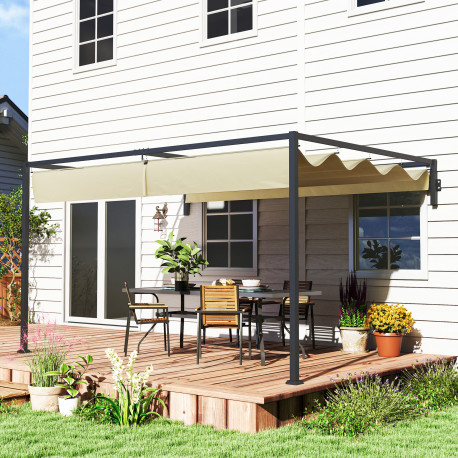 Outsunny 3 x 4m Lean To Steel Pergola, with Moving Fabric Canopy - Khaki