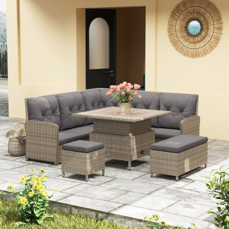 Outsunny 6 Pieces Outdoor PE Rattan Garden Furniture, Patio Wicker Sectional Conversation Corner Sofa w/ Soft Padded Cushion & L