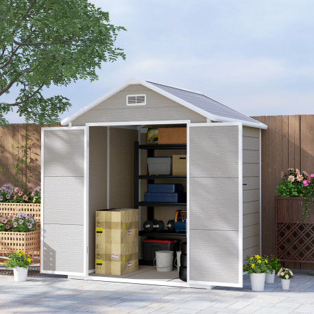 Outsunny 6 x 5ft Garden Shed, Plastic Shed with Floor, Window, Lockable Doors and Vents, Wood Effect Resin Tool Shed for Outdoor