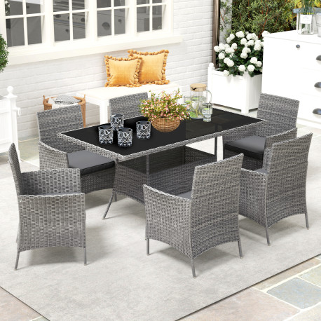 Outsunny 7-Piece Rattan Garden Furniture Set with Cushions, 6 Seater Garden Table and Chairs, Rattan Dining Set with 6 Armchairs