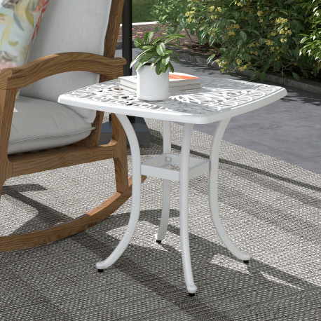 Outsunny Cast Aluminium Bistro Table, Outdoor Square Side Table with Umbrella Hole, Garden Table for Balcony, White