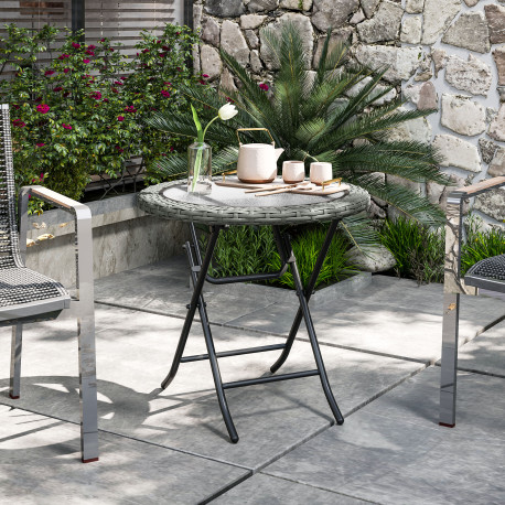 Outsunny Folding Round Tempered Glass Garden Table with Grey Rattan Edging