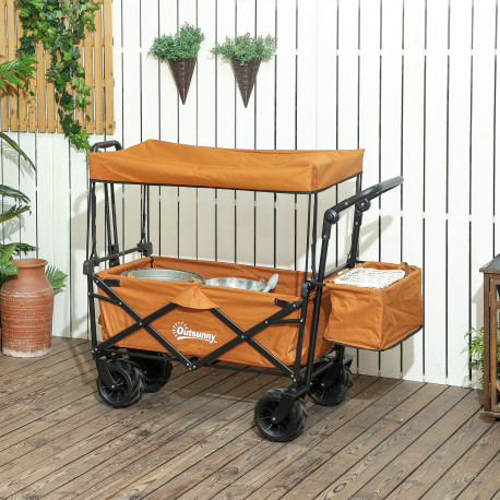 Outsunny Folding Trolley Cart Storage Wagon Beach Trailer 4 Wheels with Handle Overhead Canopy Cart Push Pull For Shopping Campi