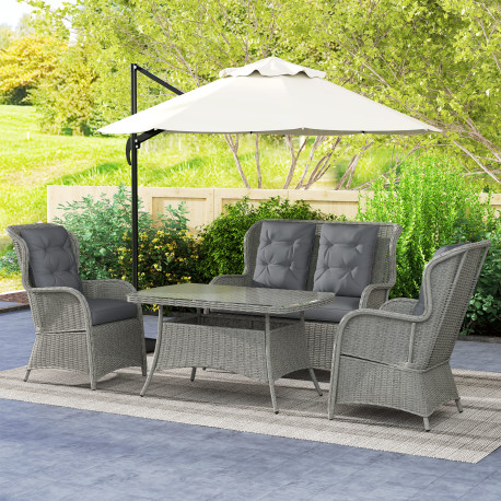 Outsunny Garden PE Rattan Dining Sofa Set, Outdoor 4 Seater Wicker Furniture, High Back Chairs with Cushions, Tempered Glass Cof