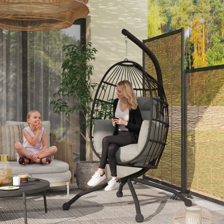 Outsunny Hanging Egg Chair Outdoor Indoor Garden Swing Chair with Folding Basket and Thickened Cushion, Garden Hanging Chair wit