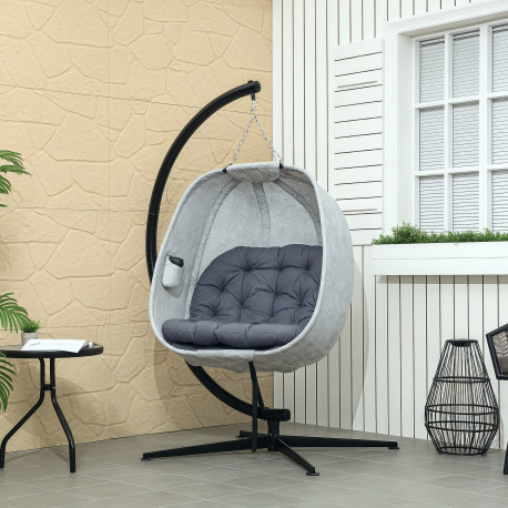 Outsunny Hanging Egg Chair Outdoor Indoor Garden Swing Chair with Folding Basket, Garden Hanging Chair with Stand, Thickened Cus