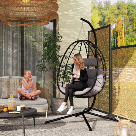 Outsunny Hanging Egg Chair Outdoor Indoor Garden Swing Chair with Folding Basket, Thickened Cushion, Garden Hanging Chair with S