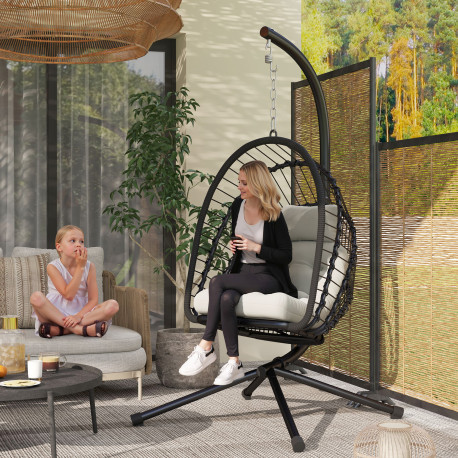 Outsunny Outdoor PE Rattan Swing Chair with Cushion, Garden Foldable Basket Patio Hanging Egg Chair with Metal Stand, Headrest, 