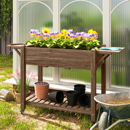 Outsunny Raised Garden Bed, Wooden Elevated Planter Box with Lockable Wheels, Side Tables and Bottom Shelf, Outdoor Planter with