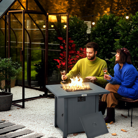 Outsunny Rattan-style Propane Gas Fire Pit Table with 40,000 BTU Burner, Square Smokeless Firepit Patio Heater with Thermocouple