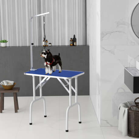 PawHut 32" Foldable Dog Grooming Table Pet Drying Beauty Table Adjustable Fixed Arm Rubber Top, Blue